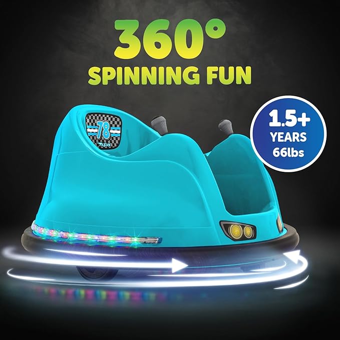Flybar FunPark 6V Bumper Car – 360° Electric Ride-On Toy with LED Lights, Safety Seat Belt, Soft Bumpers – Indoor & Outdoor Bumper Car for Kids Ages 1.5-4 Years, Supports Up to 66 lbs (No Remote)