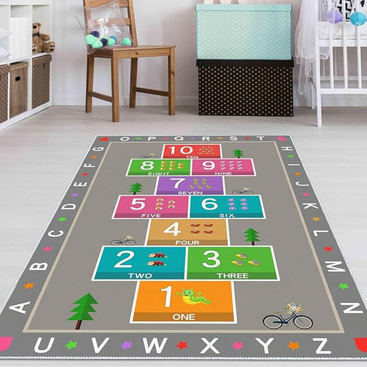 Hopscotch Play Rug Carpet for Kids, ABC Alphabet Number Educational Rug, Children's Counting Game Mat for Playroom, Classroom, Bedroom and Nursery (Grey, 47x71 in)