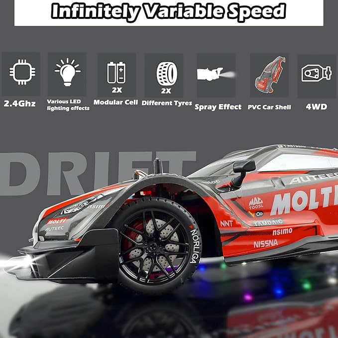 1:16 RC Drift Car 2.4GHz Spray 4WD LED Lights 30+KM/H High Speed Remote Control Car 2 Batteries 60Min Infinitely Variable Speed Drift Car Toys for Adults and Kids(Red)