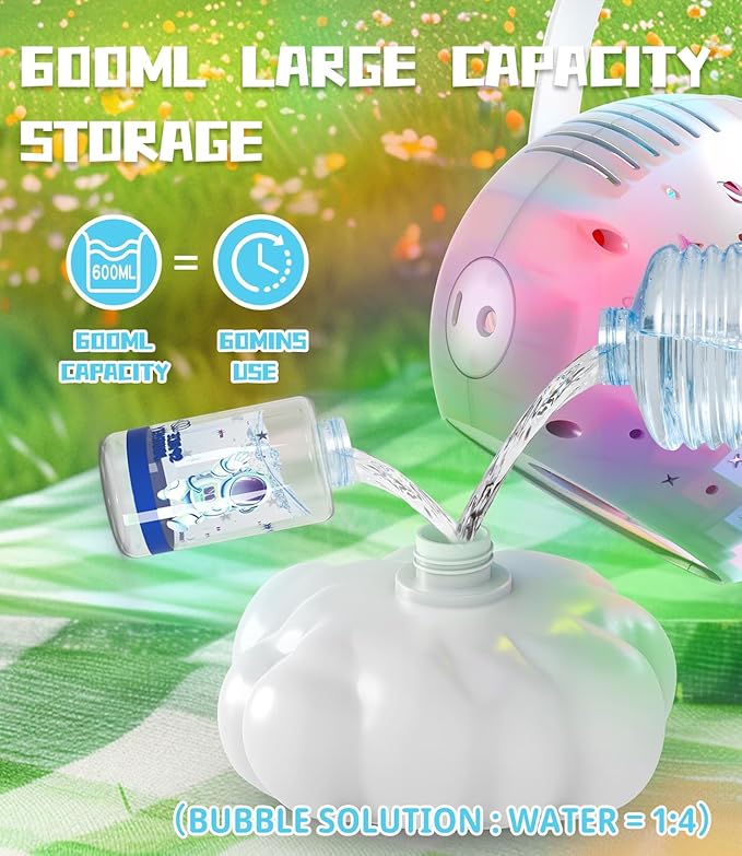 Rechargeable Bubble Machine with Colorful LED Light - Make Large Bubbles - 600mL Automatic Bubble Maker for Kids - Outdoor Party Birthday Easter Toys Gifts for Toddlers Ages 3+ Boys Girls