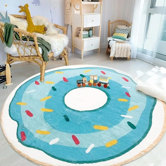 Kids Carpet Rug 5.2Ft Round Donut Bedroom Rug Circle Large Play Mat Playroom Area Rug for Boys Girls Nursery Classsroom Living Room Decor, Washable, Nonslip, Blue
