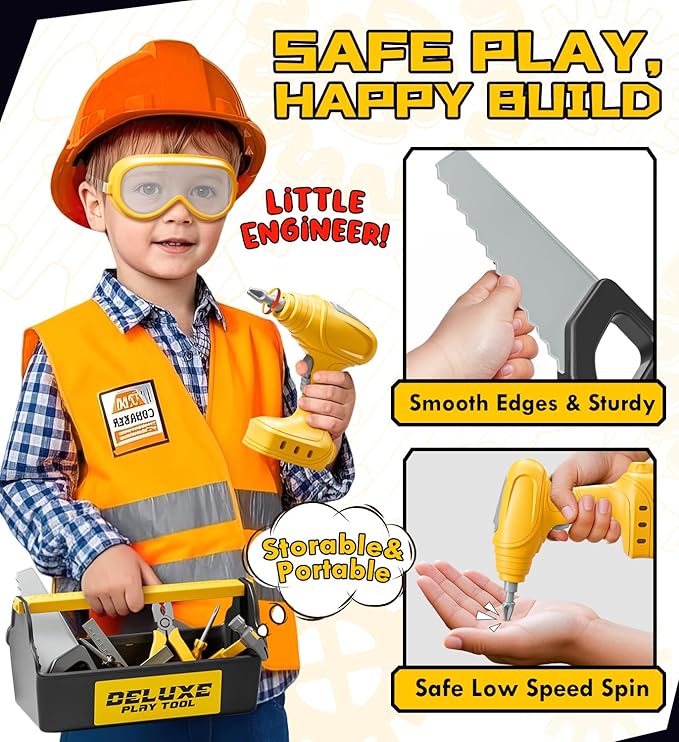 Lehoo Castle Kids Tool Set with Electric Toy Drill ＆ Tool Box ＆ Take Apart Construction Toys, Pretend Play Tool Set for Toddlers 3-5, Montessori Tool Box for Boys Girls