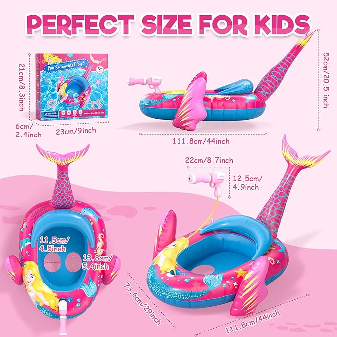 Mermaid Kids Pool Floats with Water Gun, Toddler Inflatable Pool Toys for Kids 3-8 Years Old, Summer Outdoor Water, Beach, Swimming Pool Toy Gifts for Girls and Kid