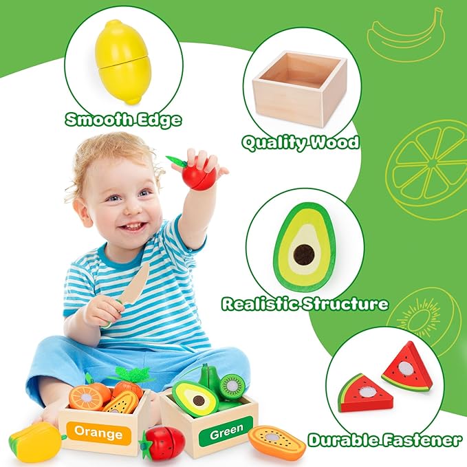 Wooden Play Food Toy Set for Kids Kitchen - 30 Pcs Montessori Cutting & Color Sorting Fake Fruit Accessories with 4 Boxes, Play Toys for Toddlers 3, Birthday Gifts for Boys Girls