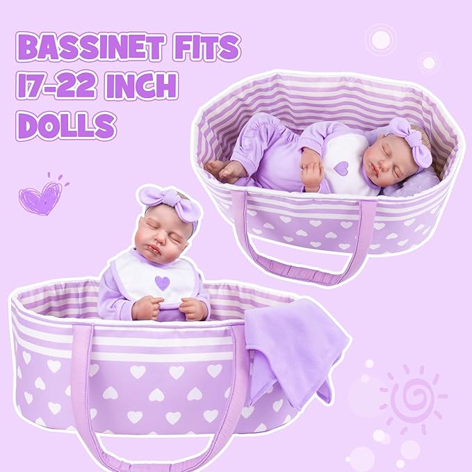 Aori 9 Pcs Reborn Baby Dolls Clothes with Bassinet for 17-22 Inch Baby Doll, Purple Carrier Bed and Baby Doll Clothes Accessories fit Newborn Girl Doll