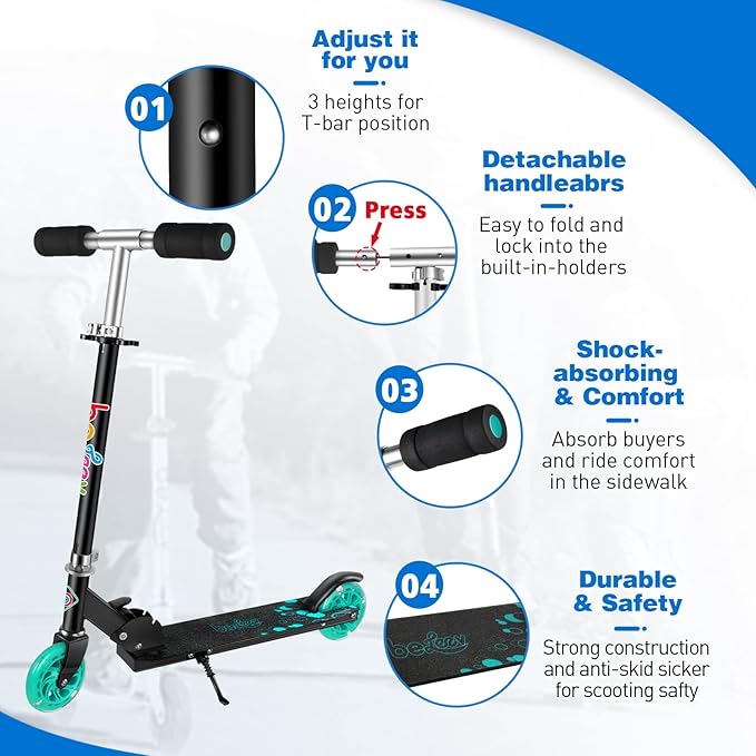 BELEEV V1 Scooters for Kids, 2 Wheel Folding Kick Scooter for Girls Boys, 3 Adjustable Height, Light Up Wheels, Lightweight Scooter with Sturdy Frame, Kickstand for Children 3 to 12 Years Old