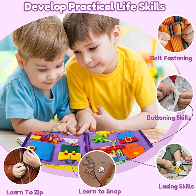 Qizfun Busy Board Montessori Toys for 1 2 3 4 Year Old, Educational Sensory Preschool Learning Toys for Toddlers 1-3, Car & Airplane Travel Activities Toys for Kids Ages 2-4, Girl Birthday Gift