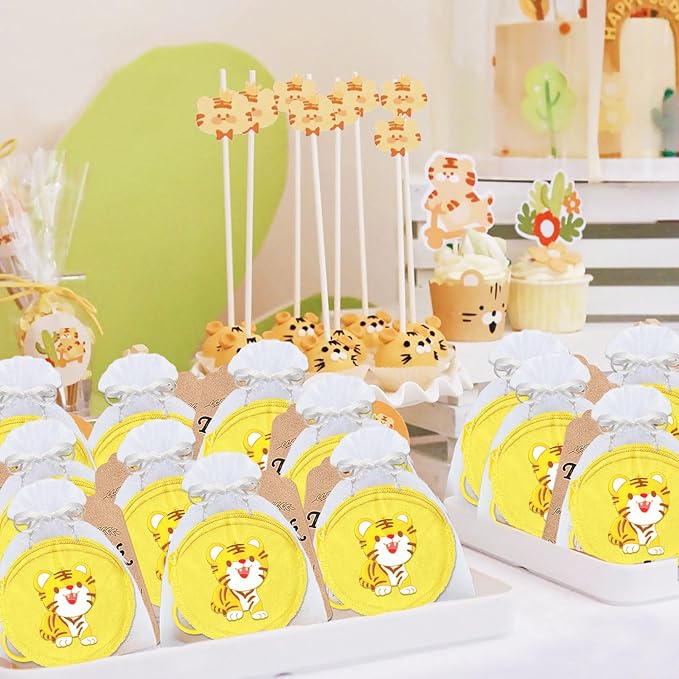 36 Pack Tiger Change Purses Set Include 12 Wallets with Keyring,12 Tags and 12 Organza Bags for Tiger Jungle Safari Themed Pary,Creative Souvenirs,Birthday Decor,Yellow
