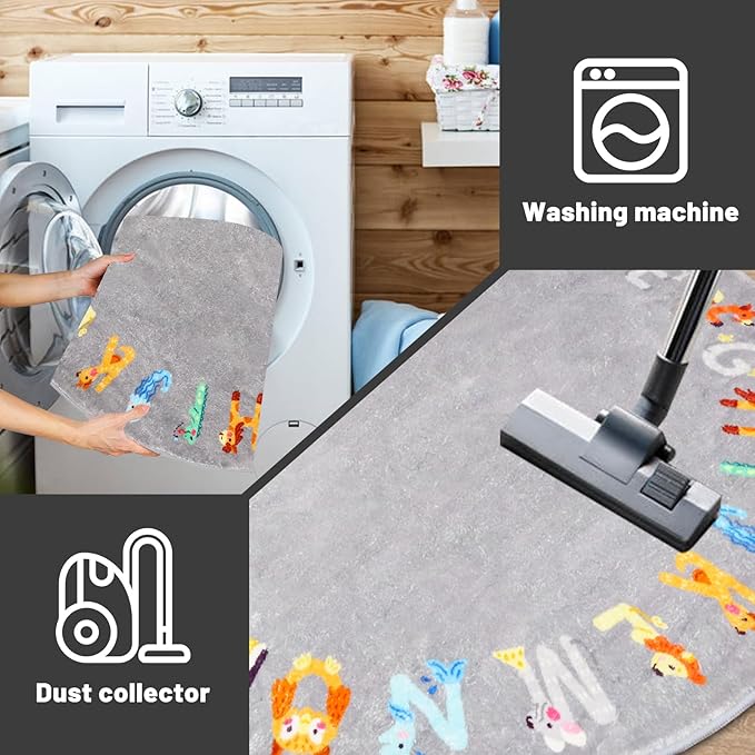 Round ABC Kids Rug,5.2 ft Animal Alphabet Playroom Rug,Washable Non-Slip Cute Nursery Rug for Kids Room,Educational Kids Play Rug Classroom Carpet for Playroom Kids Room Bedroom Decor