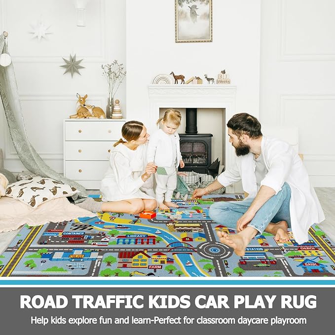Capslpad Kids Rug 6'6" x 5'0" Educational Learning Kids Play Area Rug Large Traffic Road Cars Rug Play Mat for Kid Toy Nursery Rug Kid Car Carpet for Playroom Living Room Classroom Decor, Sky Blue
