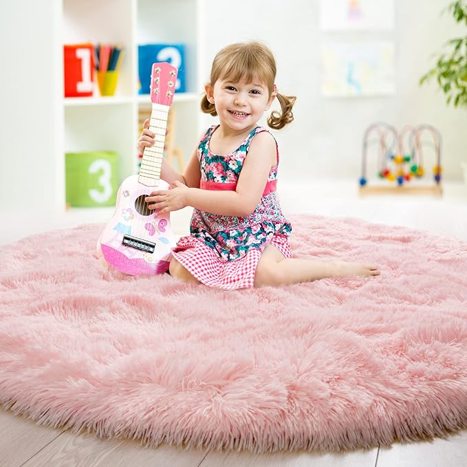 junovo Pink Round Rug 6x6 Feet Fluffy Soft Area Rugs for Kids Girls Room Princess Castle Plush Shaggy Carpet Cute Circle Nursery Rug for Kids Teen's Bedroom Home Decor Large Circular Carpet