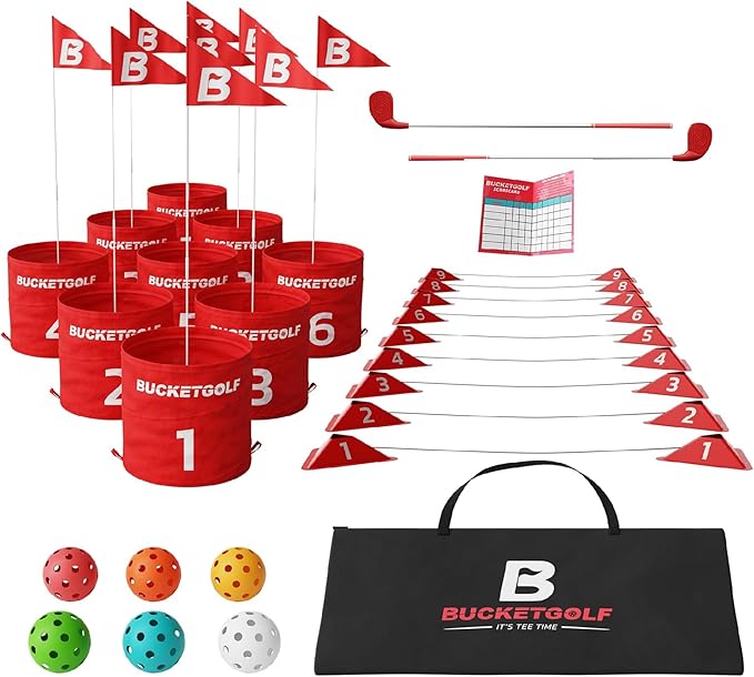 bucketgolf 9 Hole Bundle - Outdoor Golf Game for All Ages. Adults, Kids, Family. Play Anywhere - Yards, Beach, Park, Backyard. Includes 2 Clubs (1 RH + 1 LH)