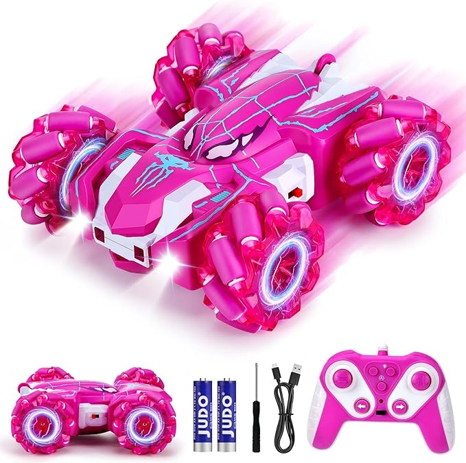 Remote Control Car for Boys 4-6,360° Rotating Double-Sided Rechargeable RC Stunt Cars with Cool Headlights,2.4Ghz 4WD Off-Road Racing Cars for Kids age 4 5 6 7 8 9 10 11 12 Chirstmas Gift (Pink)