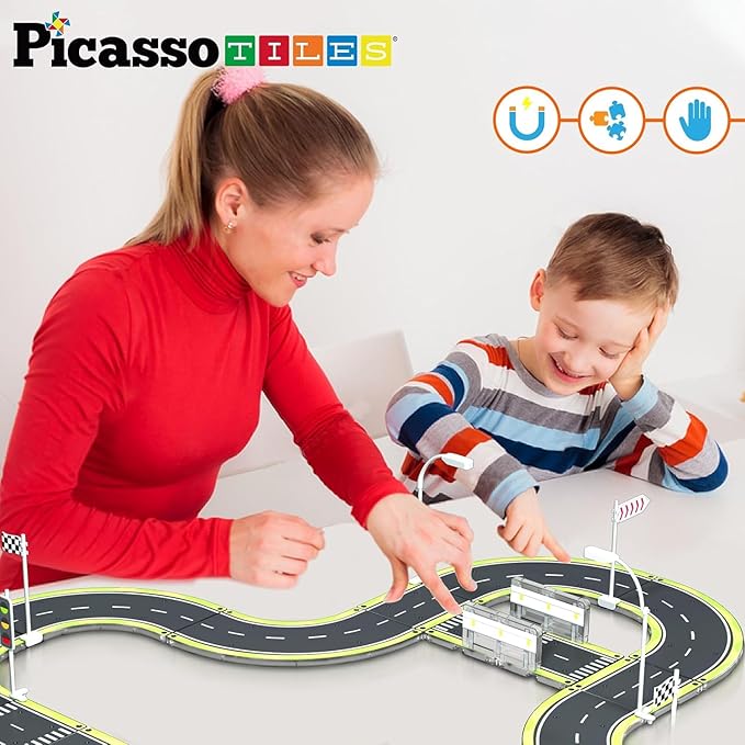 PicassoTiles Magnet Tile Building Block Construction Toy Set Street Sign Traffic Kit Highway Road Race Track with Bumper Barricade Accessory Sticker Education Magnetic Tiles Kids Age 3+ PTR03