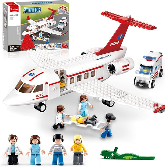 Sluban Rescue Plane Building Set with Ambulance Car, Stretcher and 4 Minifigures, City Airplane Hospital Vehicles Compatible with Lego Plane, Gift Idea for Kids, Girls and Boys Ages 6+, M38-B0370