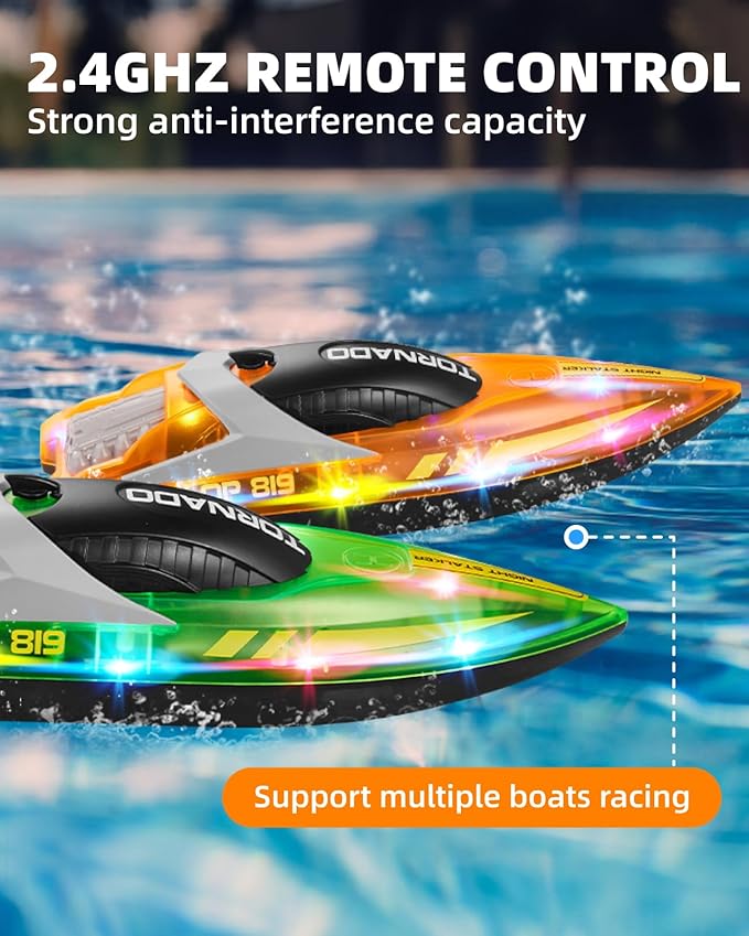 Remote Control Boat for Kids Adults: 2Pack RC Boat with LED Lights for Pools Lakes, 2.4Ghz, 50-100Mins Long Playtime, Rechargeable Batteries, Waterproof, Summer Pool Water Toys Gifts for Kids 8-12