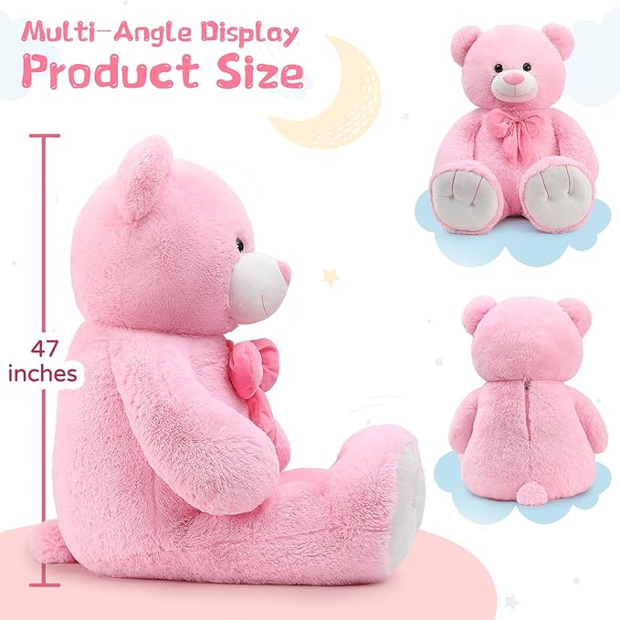 Tezituor Giant Teddy Bear, 47 Inch Soft Big Stuffed Animal Life Size 4 Feet Plush Bear Toy Valentine's Christmas Birthday Gift for Girlfriend Kids,Pink