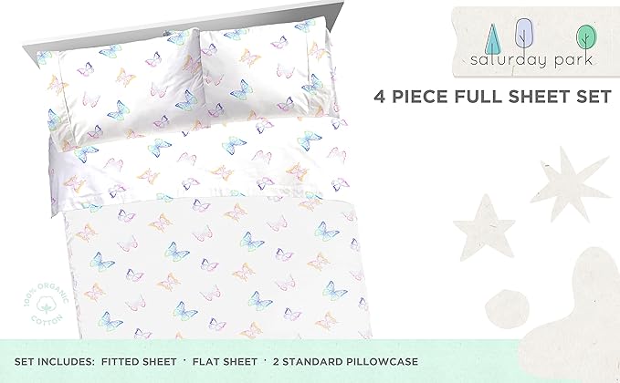 Saturday Park Ombre Butterflies Full Sheet Set - 4 Piece 100% Organic Cotton Sheets - GOTS & Oeko-TEX Certified