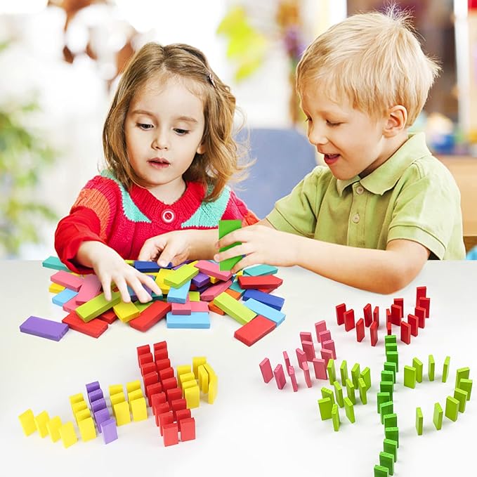 WOOD CITY 1000 Piece Dominoes Set for Kids with Extra 20 Blocks, Colorful Dominos Tiles for Building, Stacking, Racing, Tumbling, Wood Domino with Storage Bag and Box, Educational Toy