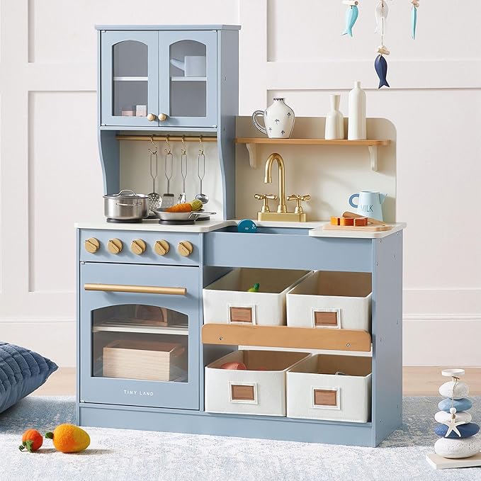 Tiny Land Wooden Play Kitchen Set - Toy Storage System, Plenty of Play Features, Ages 3+ (Blue)