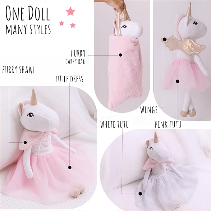 Perfectto Design Ballerina Unicorn Doll Stuffed Animal for Girls - Plush Toy Doll Set, Bag, Tutu Cloths, Wings - Play Set for 3 4 5 Year Old Girl Gift for Little Girl, Birthday, Christmas Age 3-9