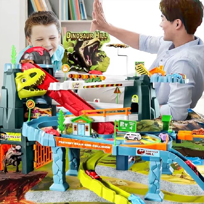 Children's Toy Car Ramp Track Dinosaur Spray Hills Adventure Railcar Slot Car Vehicle Race Play Set with 20 Mini Cars for Preschool Boys Puzzles Gifts Kids Ages 3 to 6 or Older (Spray Dinosaur)