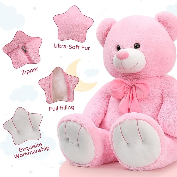 Tezituor Giant Teddy Bear, 47 Inch Soft Big Stuffed Animal Life Size 4 Feet Plush Bear Toy Valentine's Christmas Birthday Gift for Girlfriend Kids,Pink