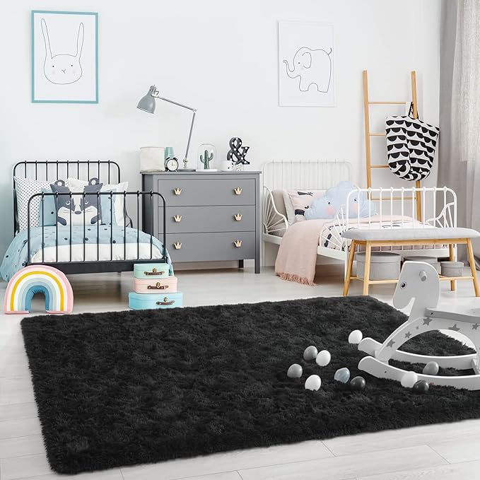 Ompaa Black 8x10 Feet Large Area Rugs Fluffy Living Room Carpet, Wall to Wall Big Shag Rug for Bedroom Kids Playroom Classroom Nursery Home Office Decor