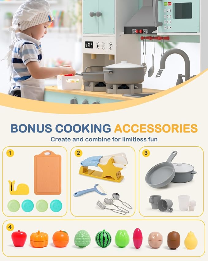 Babytronic Wooden Play Kitchen Set, Pretend Play Kitchen with Lights and Sounds for Kids Ages 3+, Includes Stove, Oven, Microwave, Coffee Maker, and Accessories, Toy Kitchen Set for Toddlers (Blue)