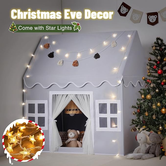 Kids Play Tent Indoor: Mat, Tassel Garland, Star Lights - Gray Girl Tent Playhouse for Toddlers Kids Toys for Boy Girl Birthday Gift