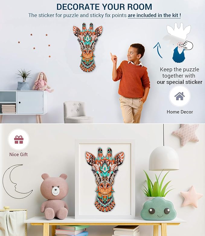 Animal Wooden Jigsaw Puzzles for Kids (12+ Years) Adult, Teens, Family; Animal Majestic Shaped Natural Wood Puzzle, Expert Level, 6.3x12 in. (16x30 cm), 80 pcs, S - Size – Giraffe