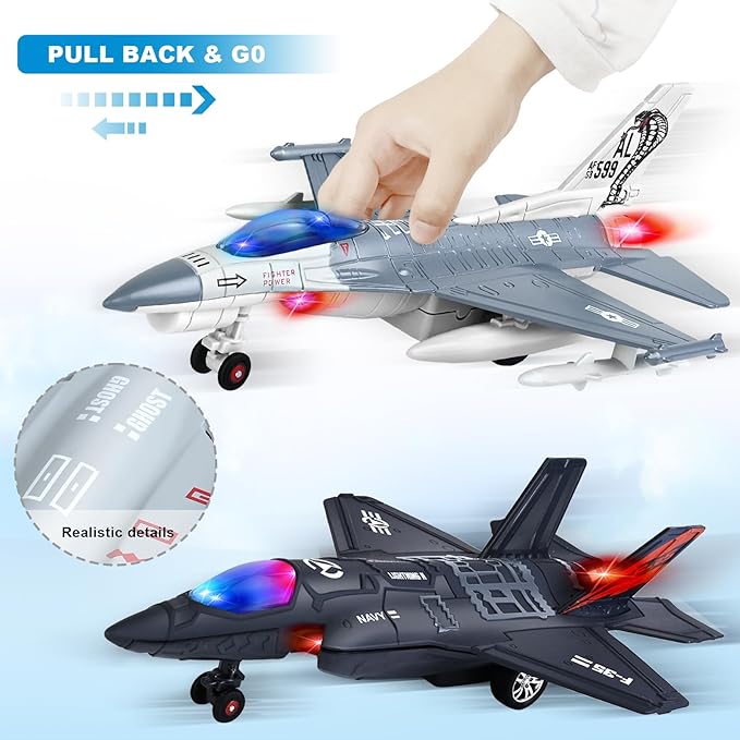 Metal Fighter Army Toy Airplane Model with Sound & Light, Pull Back Military Plane Jet Toy Diecast, Birthday Gift for Toddler Boys and Girls