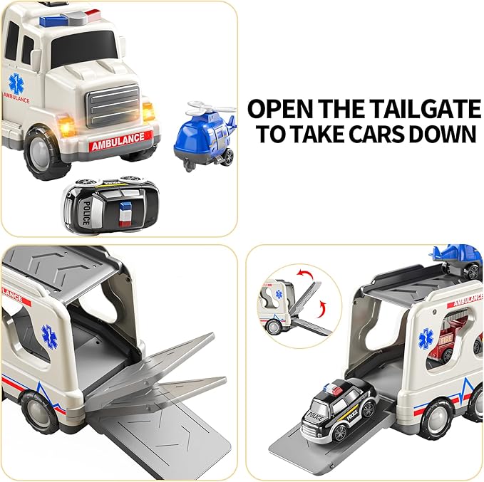 TEMI 5 Pack Ambulance Vehicle Toddler Truck Toys for 3 4 5 6 Year Old Boys, Friction Powered Cars with Toy Helicopter, Police Car, Fire Truck, Ambulance Car, Birthday Gifts for Girls Age 3-9