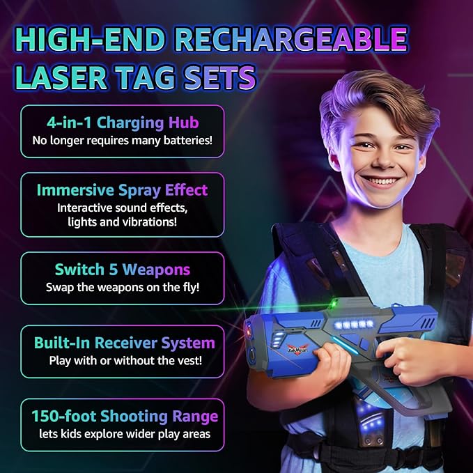 Rechargeable Laser Tag Set with Vests, Upgrade Laser Tag Guns Set of 4 with Mist Spray Effect & LED Digital, Multi Player Toy for Teen Boys & Girls, Indoor&Outdoor Toy Play Game Gift,Ages 8+