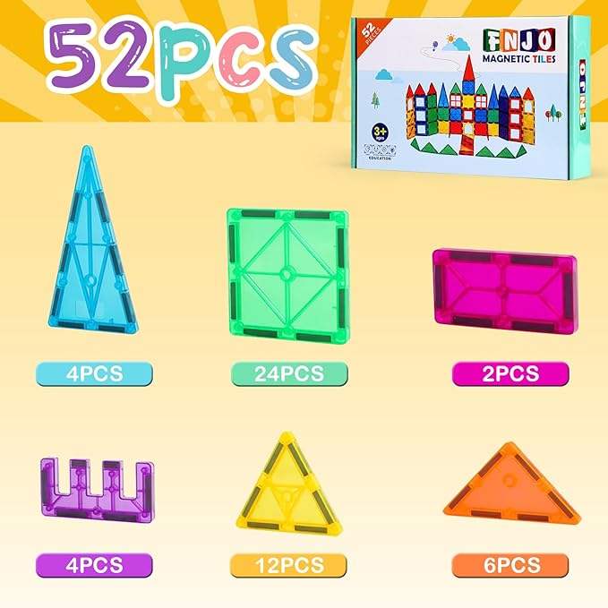 FNJO Magnetic Tiles, 52 PCS Magnet Building Set, Magnetic Building Blocks,Construction STEM Toys for Kids, Gift for Boys Girls