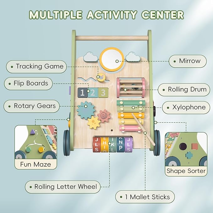 Wooden Baby Walker, Montessori Walker for Babies 6-12 Months, Push Walking Toys for 1 Year Old Learning to Walk