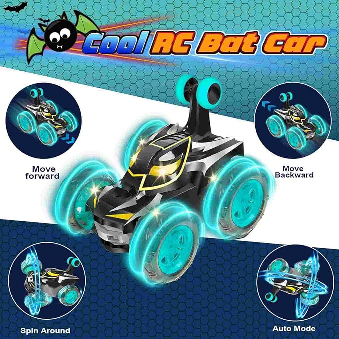 Kids Toys Bat RC Car for Boys 4-7 - Cool Bat Monster Remote Control Crawler Toy 360° Flip Fast Stunt & 4WD Light Up Wheel - Fun Boy Gift Idea for Birthday Chirstmas Stuff Age 3 4 5 6 7 8
