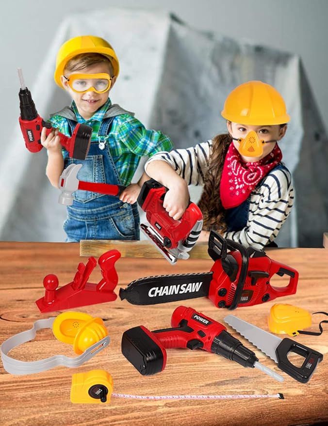 Kids Tool Set with Electric Toy Drill Chainsaw Jigsaw Toy Tools, Realistic Kids Power Construction Pretend Play Tools Set Toy STEM Playset Toddler Toys Kit for Toddler Boy Girl Kid Child Tool Set Toy