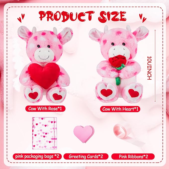 Shappy 2 Sets Large Valentines Day Plush Stuffed Animal with Heart and Rose, Cute Stuffed Animal Toys, Valentine‘s Day Wedding Gifts for Boys Girls Couple Mom Girlfriend(Cow)