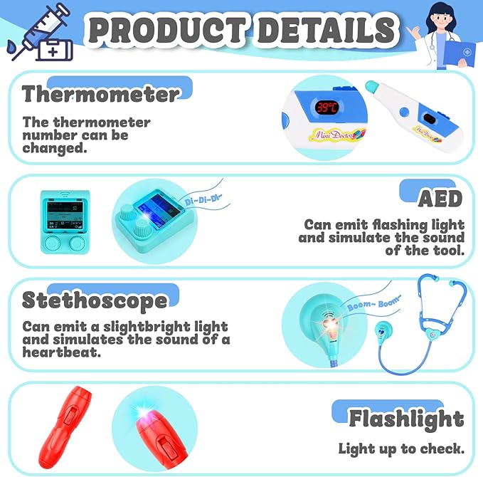 deAO Doctor Kit for Kids Ages 3+, Pretend Doctor Play Set with Doctor Cart, Costume and Stethoscope, Toddlers Doctor Role Playset Medical Kit for Girls Boys (Blue)