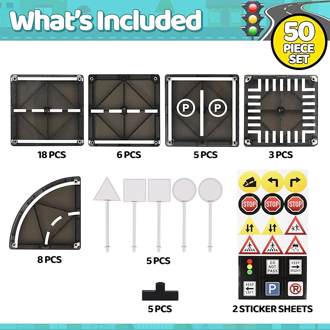 Playmags Magnetic Tiles Road Set - 50 Pcs STEM Educational Construction Toy Car Track, Building Blocks Magnet Toys for Toddlers, Safe for Ages 3+