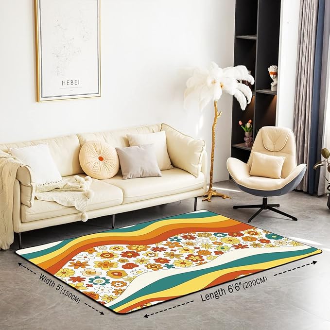 Erosebridal 70S Retro Flower Area Rug Kids Girls Cute Groovy Vintage Floral Rug 5'x6'6'' Rainbow Wavy Geometric Floral Hippie Colorful Abstract Boho Botanical Non Slip Carpet for Bedside