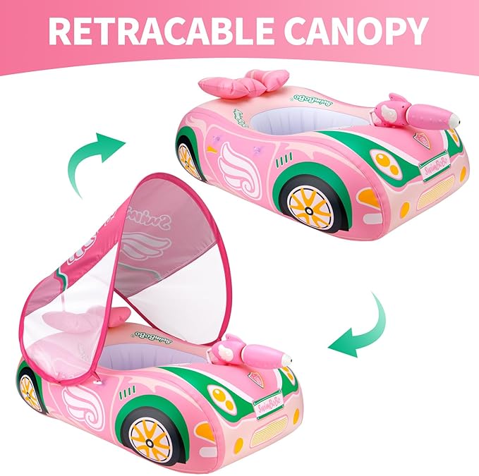 Swimbobo Toddler Pool Float Pink Inflatable Airplane Car Baby Swim Float with Water Gun and Safety Seat Pool Toys for Kids 3+ Years Old