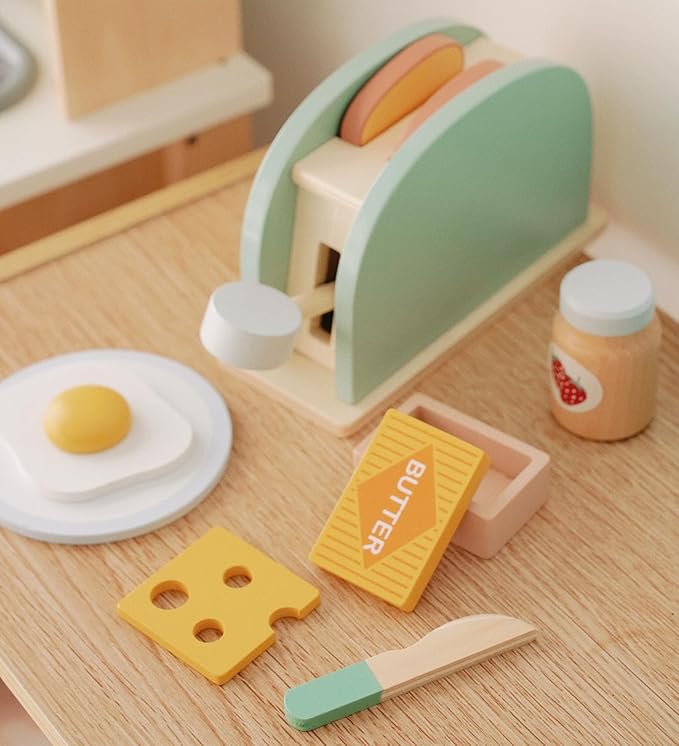 Wooden Pop Up Toaster Toys Play Set for Kids, Bread Maker Toy, Montessori Pretend Play Food Kitchen Accessories for Toddler Girls and Boys (Bread Maker)