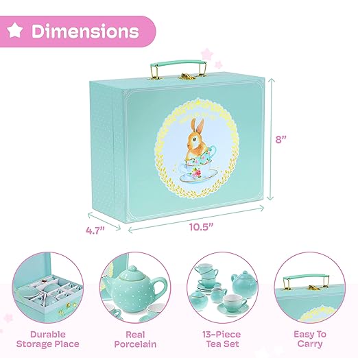 Jewelkeeper Porcelain Tea Set for Little Girls - 13-Piece Tea Party Set with Carrying Case - Kids Tea Set for Ages 3 and Above - Safe and Durable Mini Tea Cup and Saucer Set - Turquoise Polka Dot