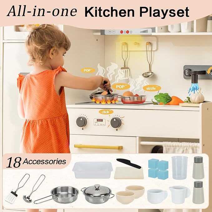 Deli Kids Kitchen Playset, Realistic Wooden Kitchen Playset for Toddlers & Kids with Lights, Sounds & Storage, Ideal Gift for Boys & Girls