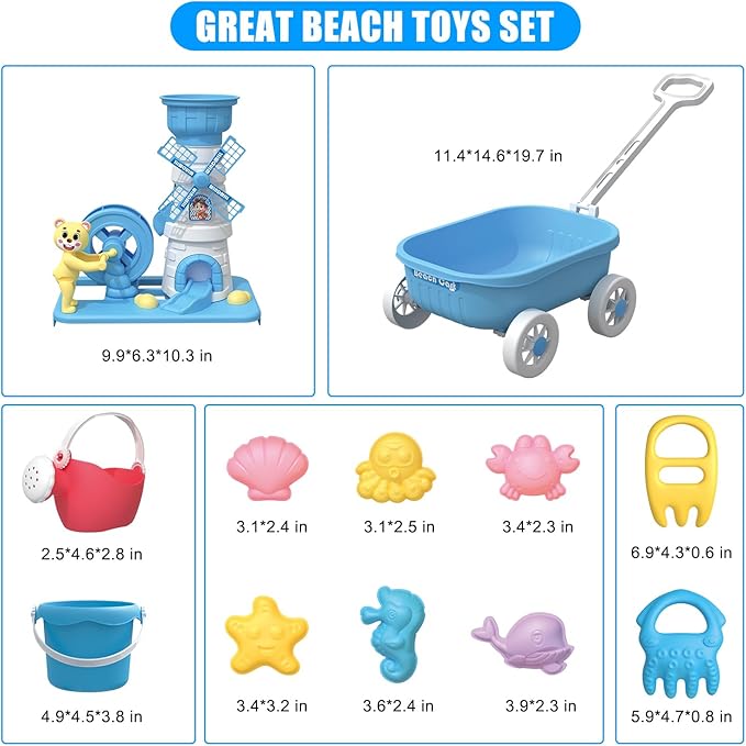 Dollox Kids Beach Wagon with Sand Toys - 12 Pieces, Water Wheel, Bucket, Watering Can, Marine Animal Sand Molds - Kids Beach Bucket Toy Outdoor Fun Play Set Beach Sand Toys for Toddlers & Kids