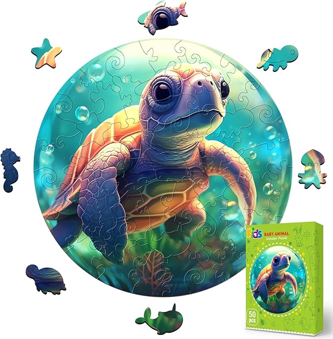 Easter Gifts for Kids Girls Boys, Easter Basket Stuffers, Wooden Jigsaw Puzzles for Kids Ages 4-6, 50 Piece Unique Shape Animal Theme Puzzle - Preschool Learning Educational Toys for Kid (Sea Turtle)