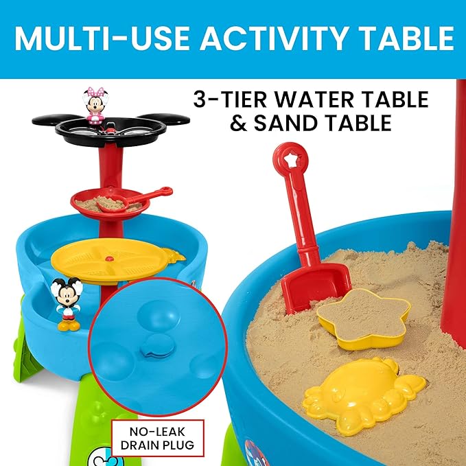 Disney Mickey Mouse Water Table by Delta Children| 3-Tier Water Play Table with 11-Piece Toy Set | Water Sensory Table + Summer Beach Toys for Outside Backyard for Toddlers Ages 2+, Blue