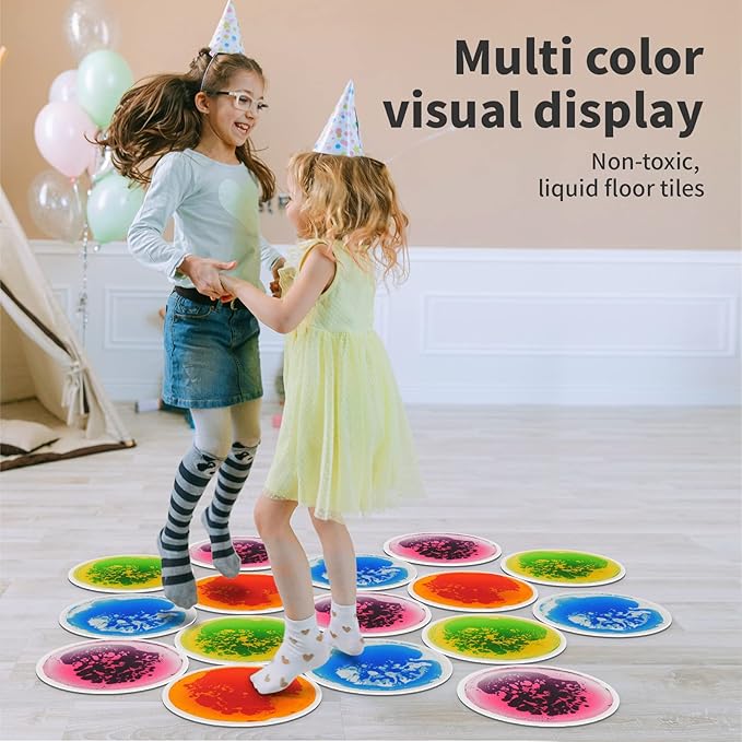 Art3d 4PCS Round Sensory Floor Tiles for Kids, Toddlers and Children, Colorful Liquid Sensory Activity Mat for Active Play and Decorative
